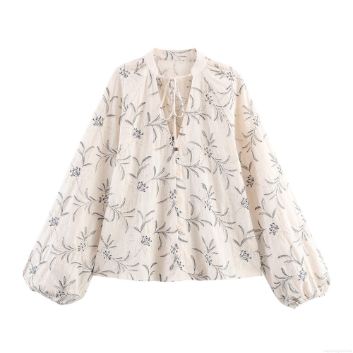 Women's V-Neck Floral Embroidery Blouse Lantern Sleeve Loose Faux Linen Polyester Shirt With Wooden Bead Ties For Spring Summer Casual Boho Ethnic Style Women's V-Neck Floral Embroidery Blouse Lantern Sleeve Loose Faux Linen Polyester Shirt With Wooden Bead Ties For Spring Summer Casual Boho Ethnic Style