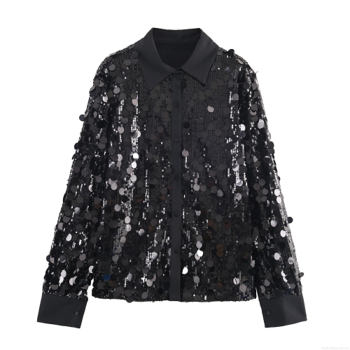 Women's Black Sequin Long Sleeve Shirt Lapel Single Breasted Blouse For Party Night Out Clubwear Shiny Polyester Top Loose Fit Casual Chic Women's Black Sequin Long Sleeve Shirt Lapel Single Breasted Blouse For Party Night Out Clubwear Shiny Polyester Top Loose Fit Casual Chic
