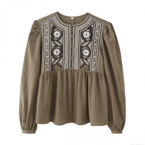 Women's Embroidery Blouse Ethnic Bohemian Round Neck Long Sleeve Loose Linen Feel Polyester Shirt For Daily Vacation Women Top