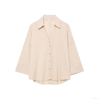 Women's Casual Minimalist Linen-Look 100% Polyester Blouse Loose Fit Polo Collar Curved Hem 3/4 Sleeve Office Top