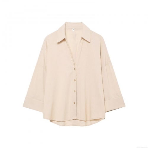 Women's Casual Minimalist Linen-Look 100% Polyester Blouse Loose Fit Polo Collar Curved Hem 3/4 Sleeve Office Top