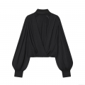 Women's Elegant Black Pleated Chiffon Blouse Sheer Long Sleeve Tie Neck Bow Shirt Streetwear Party Tops