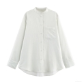 Women Striped Blouse Shirt Long Sleeve Tencel Blend Stand Collar Button Down Casual Streetwear Tops With Chest Pocket For Daily Fashion Lady