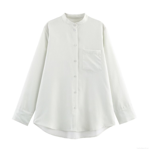 Women Striped Blouse Shirt Long Sleeve Tencel Blend Stand Collar Button Down Casual Streetwear Tops With Chest Pocket For Daily Fashion Lady