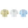 Women French Puff Sleeve Tie Front Lace Blouse And Ruffle Camisole Sweet Crop Top Short Sleeve Summer Shirt For Lady Fashion Casual Sweet Style
