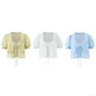 Women French Puff Sleeve Tie Front Lace Blouse And Ruffle Camisole Sweet Crop Top Short Sleeve Summer Shirt For Lady Fashion Casual Sweet Style