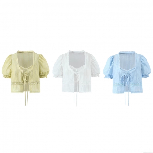 Women French Puff Sleeve Tie Front Lace Blouse And Ruffle Camisole Sweet Crop Top Short Sleeve Summer Shirt For Lady Fashion Casual Sweet Style