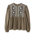 Women Round Neck Long Lantern Sleeve Floral Embroidery Blouse Casual Button Down Polyester Shirt Bohemian Spring Streetwear Top