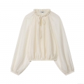 Women's Ruffled Stand Collar Puff Sleeve Blouse Crinkled Texture Translucent Lace-up Shirt Elegant Solid Color Long Sleeve Top For Daily Party Ladies