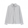 Women's Vintage Striped Blouse With Ruffle Stand Collar Tie Bow Knot Long Flare Sleeve Button Down Lightweight Polyester Top For Office Casual Wear