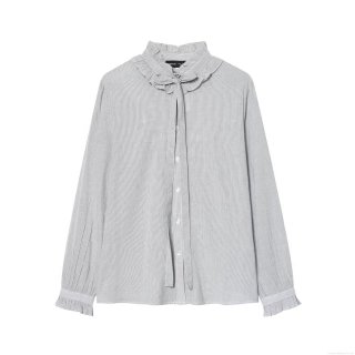 Women's Vintage Striped Blouse With Ruffle Stand Collar Tie Bow Knot Long Flare Sleeve Button Down Lightweight Polyester Top For Office Casual Wear