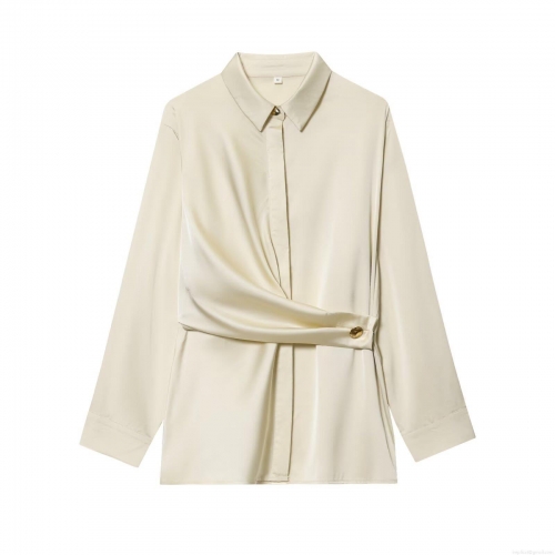 Elegant Women Acetate Satin Long Sleeve Blouse Turnover Collar Single Breasted Shirt With Waist Twist Pleated Design Metal Button For Office Street Casual Champagne Beige