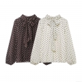 Women's Elegant Polka Dot Blouse Long Sleeve Bow Tie Neck Chiffon Polyester Shirt Loose Fit Vintage Casual Top For Women