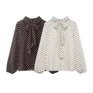 Women's Elegant Polka Dot Blouse Long Sleeve Bow Tie Neck Chiffon Polyester Shirt Loose Fit Vintage Casual Top For Women