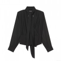 Elegant Women Black Pleated Blouse With Bow Tie Neck Long Sleeve Slim Fit Polyester Chiffon Shirt For Office Daily Party Streetwear