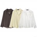 Women's Elegant Satin Button Down Shirt Loose Fit Embroidery Pocket Blouse Long Sleeve Lapel Polyester Satin Top For Daily Office Street Style