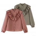 Women's 100% Cotton Plaid Shirt Vintage Ruffle Stand Collar Blouse Long Sleeve Button Down Top Casual Streetwear Retro Gingham Shirt for Ladies