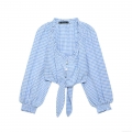 Women's Gingham Plaid Blouse Ruffle U-Neck Tie-Front Long Sleeve Shirt 100% Polyester Casual Summer Streetwear Sweet Top For Women