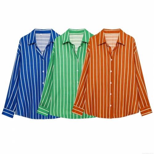 Women's Casual Vertical Striped Polyester Shirt Loose Fit Long Sleeve POLO Collar Blouse Single Breasted Button Down Top For Streetwear Daily Wear