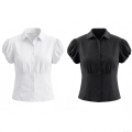 Women Vintage Bubble Sleeve Shirt Slim Fit Waist Pleated Lapel Single Breasted Short Sleeve Cotton Blend Blouse For Casual Daily Wear