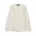 Women's Elegant Ruffle Long Sleeve Blouse Off White Polyester Cotton Blend Pleated Round Neck Pullover Shirt Stylish Streetwear Fashion Tops