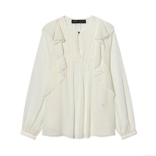 Women's Elegant Ruffle Long Sleeve Blouse Off White Polyester Cotton Blend Pleated Round Neck Pullover Shirt Stylish Streetwear Fashion Tops