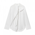 Women's Fashion White Poplin Blouse Featuring Oversized Bow Tie Design Stand Collar Loose Fit Long Sleeve Casual Streetwear Pullover Shirt Top