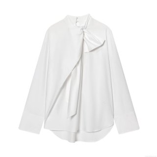 Women's Fashion White Poplin Blouse Featuring Oversized Bow Tie Design Stand Collar Loose Fit Long Sleeve Casual Streetwear Pullover Shirt Top