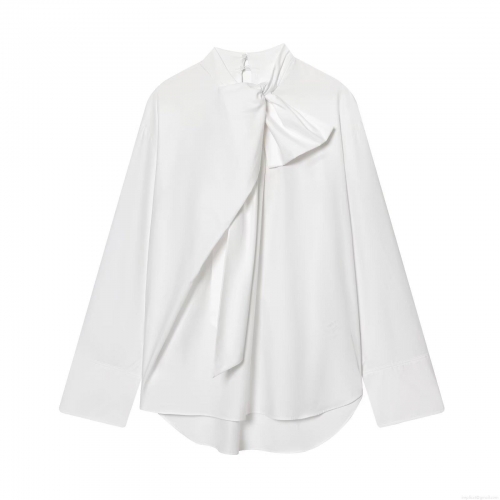 Women's Fashion White Poplin Blouse Featuring Oversized Bow Tie Design Stand Collar Loose Fit Long Sleeve Casual Streetwear Pullover Shirt Top