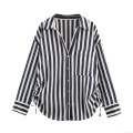 Women Fashion Casual Striped Long Sleeve Shirt POLO Collar Side Drawstring Loose Button Down Blouse Polyester Cotton Blend Streetwear Tops