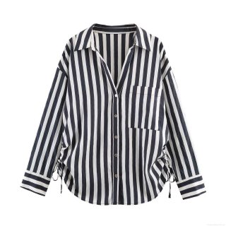 Women Fashion Casual Striped Long Sleeve Shirt POLO Collar Side Drawstring Loose Button Down Blouse Polyester Cotton Blend Streetwear Tops