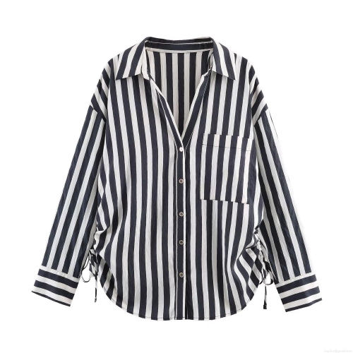 Women Fashion Casual Striped Long Sleeve Shirt POLO Collar Side Drawstring Loose Button Down Blouse Polyester Cotton Blend Streetwear Tops