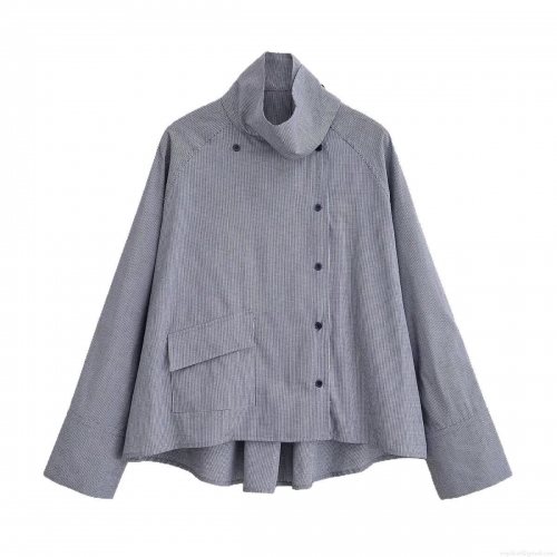 Fashion Women's High Neck Grid Shirt Casual Long Sleeve Blouse With Side Buttons Large Pocket And Asymmetric Hem Loose Fit Polyester Top For Streetwear
