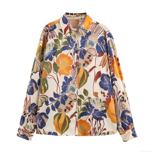 Women's Vintage Abstract Floral Print Long Sleeve Satin Blouse Loose Fit Button Down Boho Shirt Casual Summer Beach Holiday Tops