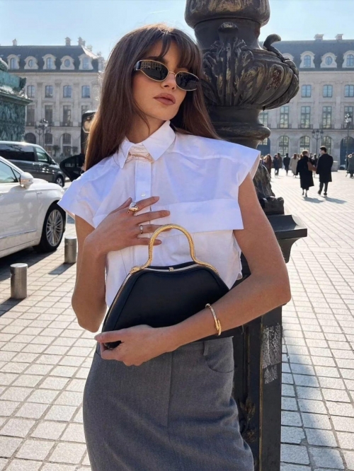 Women's Y2K Sleeveless Polo Neck Shirt Cropped Woven Polyester Cargo Pockets Blouse Top With Irregular Hem Button Down Casual Streetwear Summer Fashion Outfit