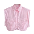 Women Sleeveless Striped Shirt 100% Polyester Woven Blouse With Double Chest Pockets Button Down Curved Hem Short Crop Top For Summer Casual Streetwear