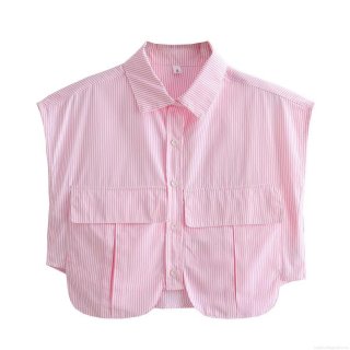 Women Sleeveless Striped Shirt 100% Polyester Woven Blouse With Double Chest Pockets Button Down Curved Hem Short Crop Top For Summer Casual Streetwear