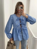 Women's Fashion Long Sleeve Bow Tie Front Blouse Puff Sleeve Ruffle Hem Peplum Shirt Casual Streetwear Solid Color Striped Leopard Print Top