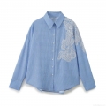 Women's Stripe Embroidery Shirt Turn-down Collar Long Sleeve Loose Fit Patchwork Lace Floral Blouse Casual Streetwear Office Fashion Top