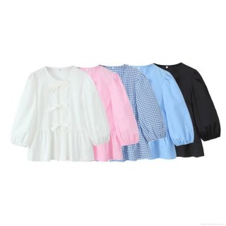 Women's Fashion Polyester Long Sleeve Blouse With Bow Tie Decoration Peplum Hem V-Neck Loose Puff Sleeve Shirt Casual Streetwear Solid Color Top For Ladies