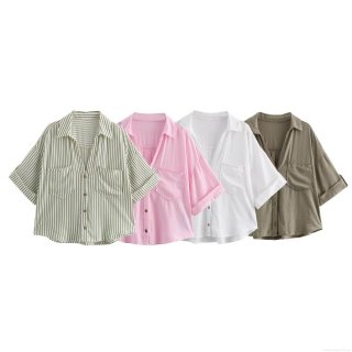 Women's Casual Short Sleeve Linen Blend Shirt Loose Lapel Button Down Blouse with Double Pockets Summer Streetwear Top Lightweight Breathable Work Daily Wear