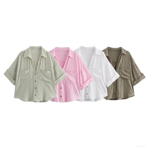 Women's Casual Short Sleeve Linen Blend Shirt Loose Lapel Button Down Blouse with Double Pockets Summer Streetwear Top Lightweight Breathable Work Daily Wear