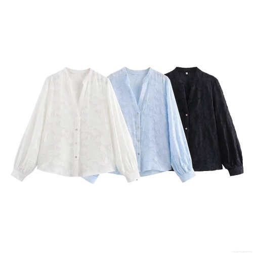 Women V Neck Long Sleeve Floral Burnout Blouse Elegant Button Down Shirt Streetwear Casual Top For Women Autumn Fashion