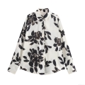 Women's Fashion Satin Long Sleeve Blouse Vintage Black Floral Print Shirt Single Breasted Lapel Casual Streetwear Top