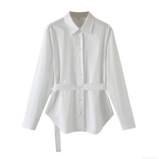 Women's 100% Cotton Poplin Shirt With Waist Tie Belt Long Sleeve Button Down Blouse Minimalist Office Streetwear Casual Solid Top Women's 100% Cotton Poplin Shirt With Waist Tie Belt Long Sleeve Button Down Blouse Minimalist Office Streetwear Casual Solid Top
