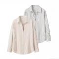 Women's Striped Polyester Seersucker Long Sleeve Shirt Button Down Casual Oversized Blouse Top For Autumn