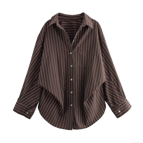 Women's Striped Batwing Sleeve Shirt Vintage Polyester Poplin Button Down Long Sleeve Blouse Casual Streetwear Loose Patchwork Top For Office Daily Autumn