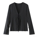 Women V Neck Long Sleeve Shirt With Bow Tie Front White Contrast Stitching Detail Black Polyester Fashion Streetwear Blouse Top For Daily Wear