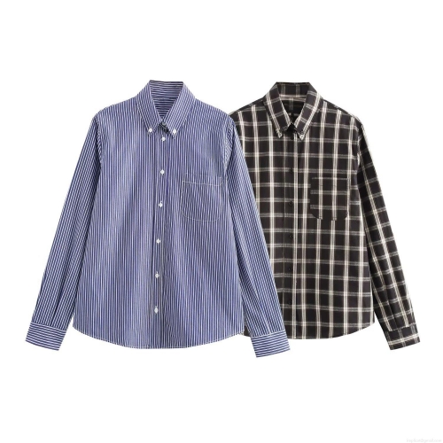 Women Poplin Polyester Long Sleeve Button Down Shirt Chic Striped Plaid Blouse For Office Casual Streetwear Ladies Work Tops