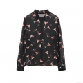 Women's Sheer Chiffon Long Sleeve Blouse Martini Glass Print Button Down Shirt For Party Sexy See-Through Polyester Top Clothing